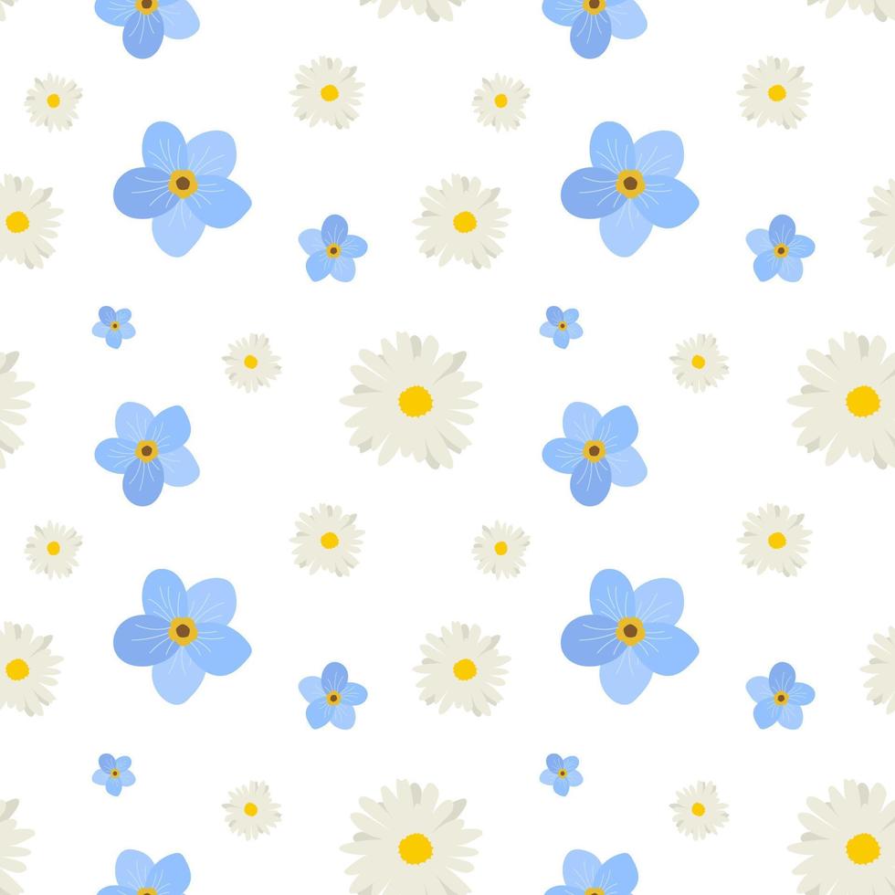 Floral pattern with white and blue flowers. Isolated on a white background. Seamless vector pattern for design and fashion prints. Ditsy style. Spring bouquet.