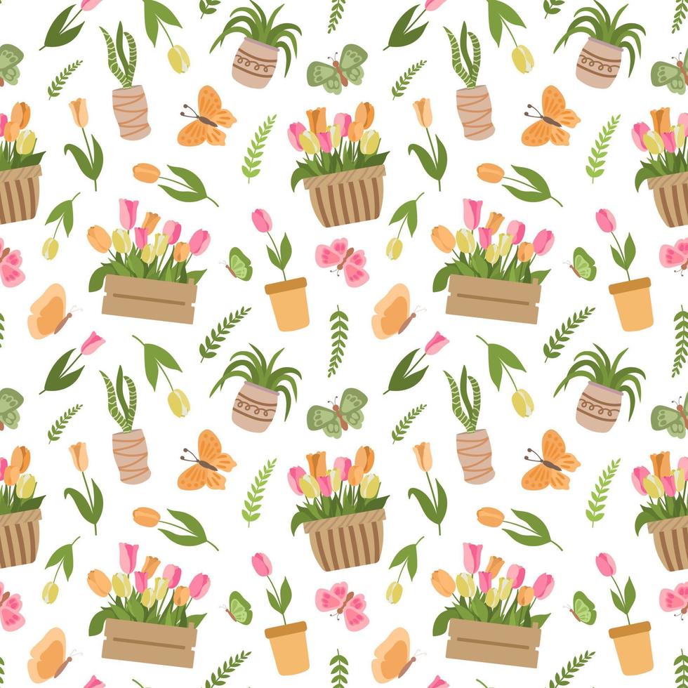 Spring floral pattern with pink, yellow, orange tulips and plants in crates, baskets, pots, butterflies. Isolated on white background. Spring gardening background. vector
