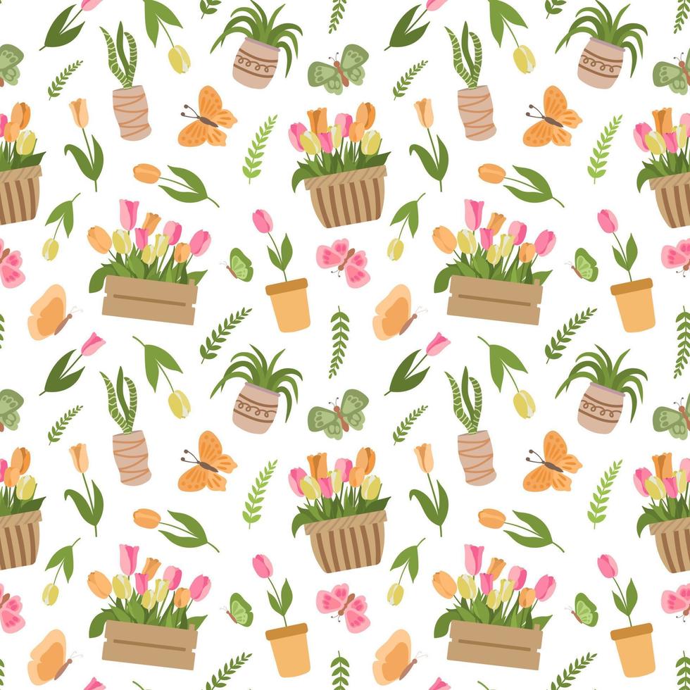 patrón floral de primavera con tulipanes rosas, amarillos, naranjas y plantas en cajas, cestas, macetas, mariposas. aislado sobre fondo blanco. fondo de jardinería de primavera. vector