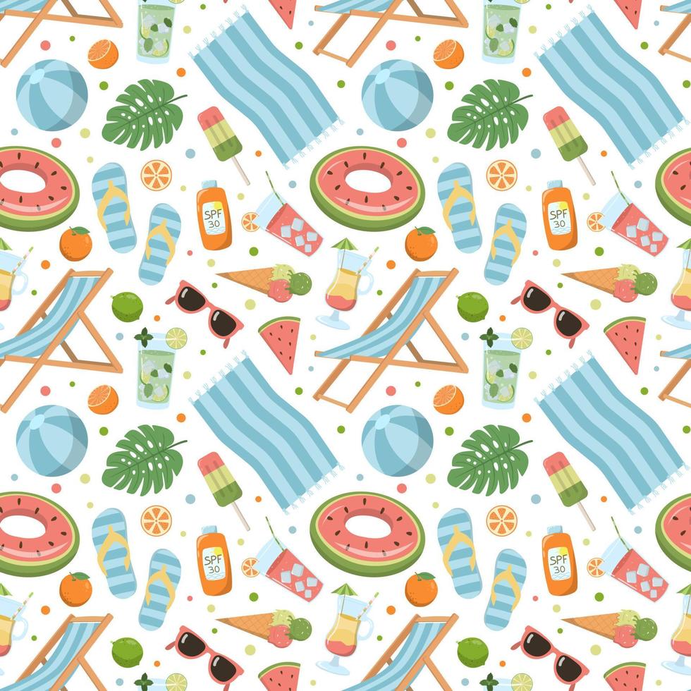 Cartoon summer elements seamless pattern. Sling chair, umbrella, towel, drinks and food. Great for wallpaper, print. Isolated on white background. vector