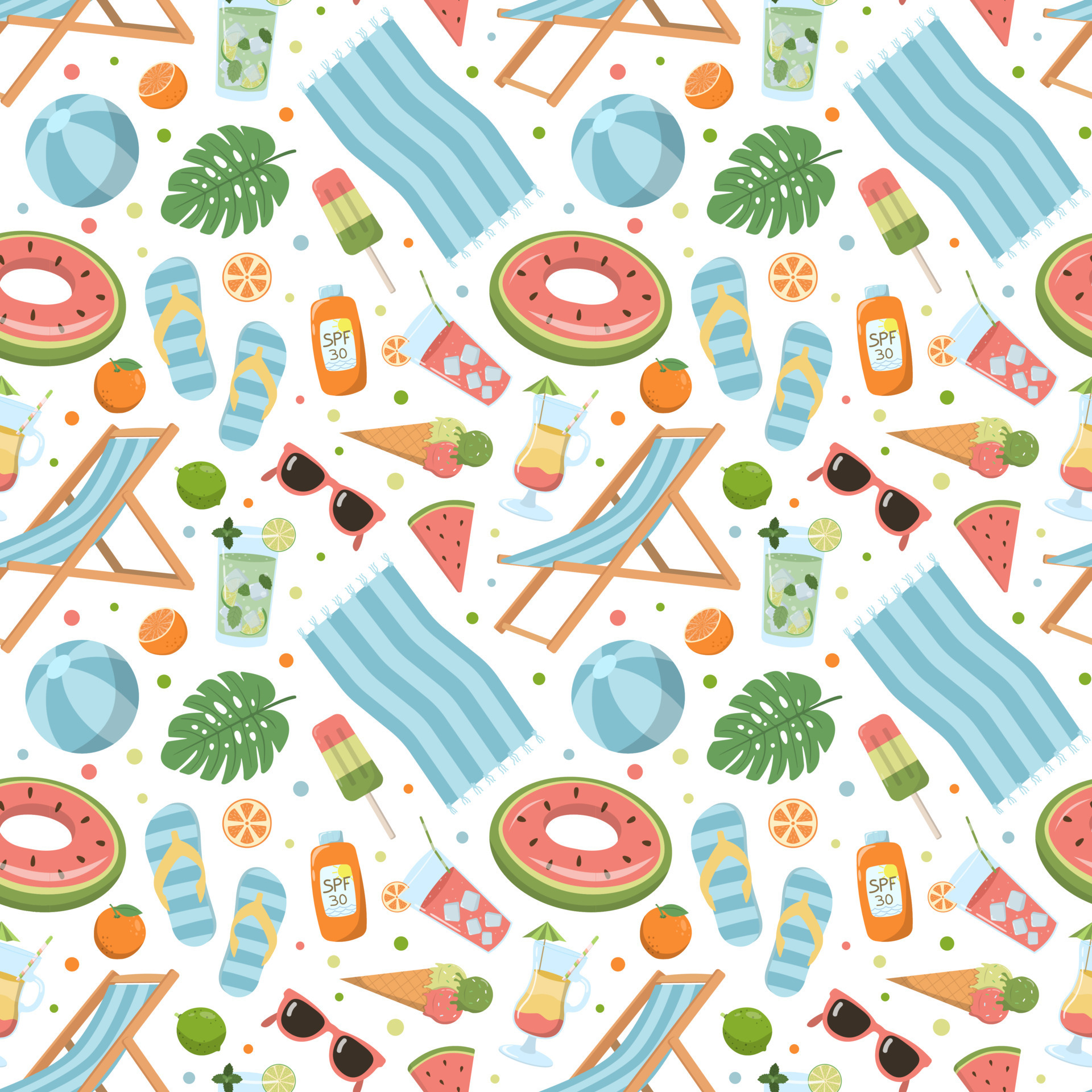 Cartoon summer elements seamless pattern. Sling chair, umbrella, towel ...