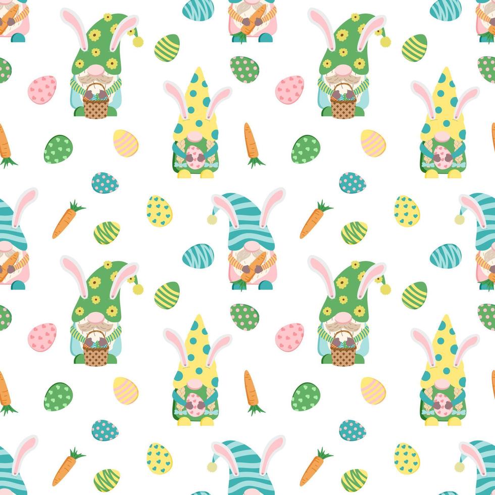 Easter seamless pattern with holiday dwarfs, eggs, carrots. Vector illustration in cartoon style. Isolated on white background.