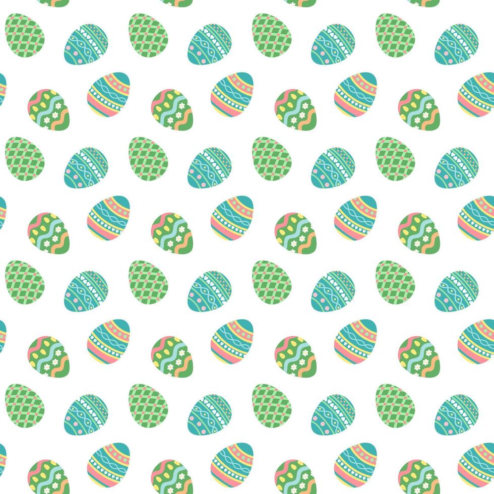 Cartoon Easter eggs with stripes, dots, hearts and flowers. Vector seamless pattern. Isolated on white background. Holiday background for fabric, scrapbooking, gift wrap, wallpaper.