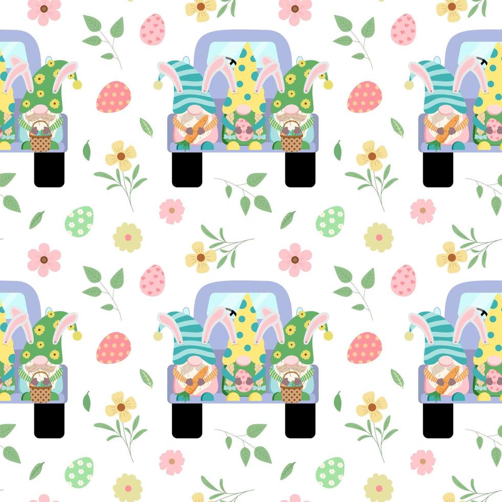 Cartoon Easter seamless pattern with holiday dwarfs on truck, flowers, leaves, color eggs. Vector illustration in cartoon style. Isolated on white background. Festive wrapping paper design.