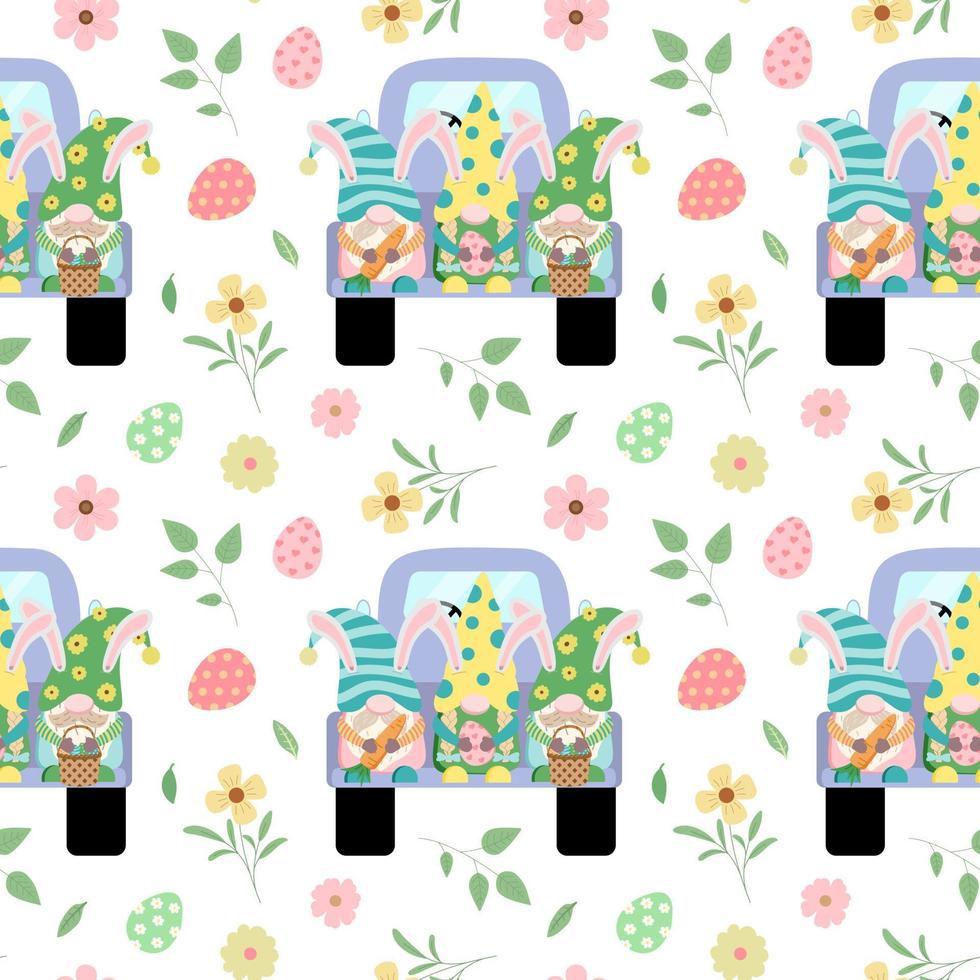 Cartoon Easter seamless pattern with holiday dwarfs on truck, flowers, leaves, color eggs. Vector illustration in cartoon style. Isolated on white background. Festive wrapping paper design.