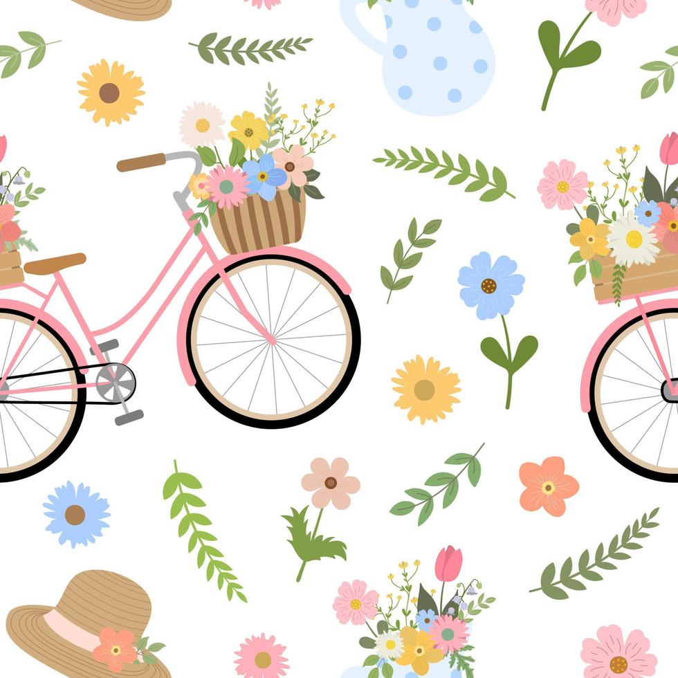 Cute cartoon spring floral bicycle, pitcher with flowers and branches, hat. Isolated on white background. Botanical garden print for textile design, cards. vector