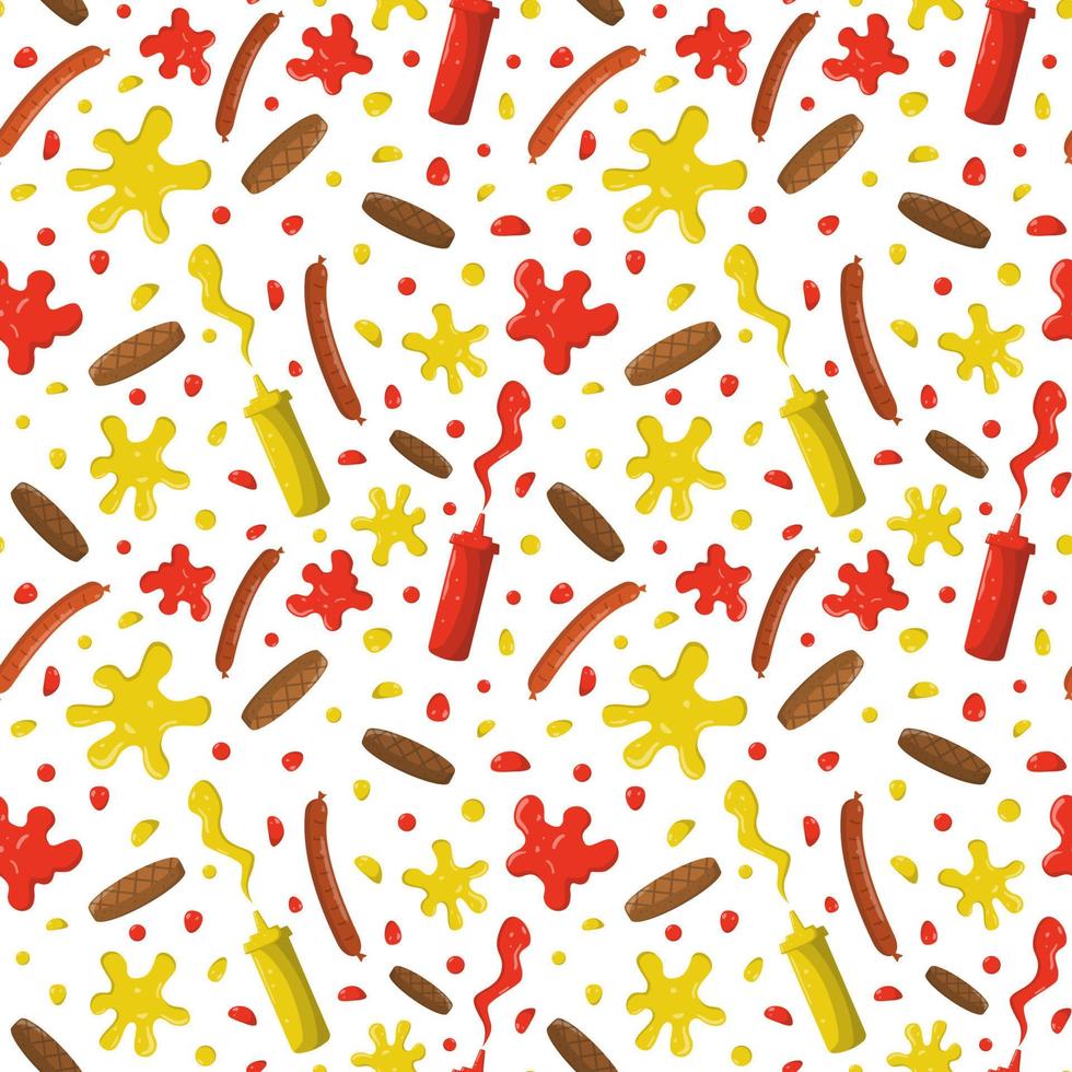 Sausage and burger patties, splashes of mustard and ketchup in plastic bottles seamless pattern. Isolated on a white background. vector