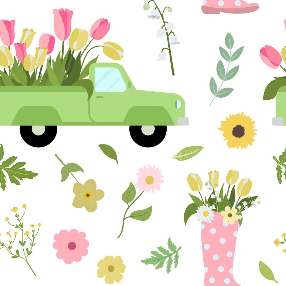 Vintage green floral pickup truck, pink boot and color flowers. Isolated on white background. Perfect for backdrop, card, wallpaper. vector