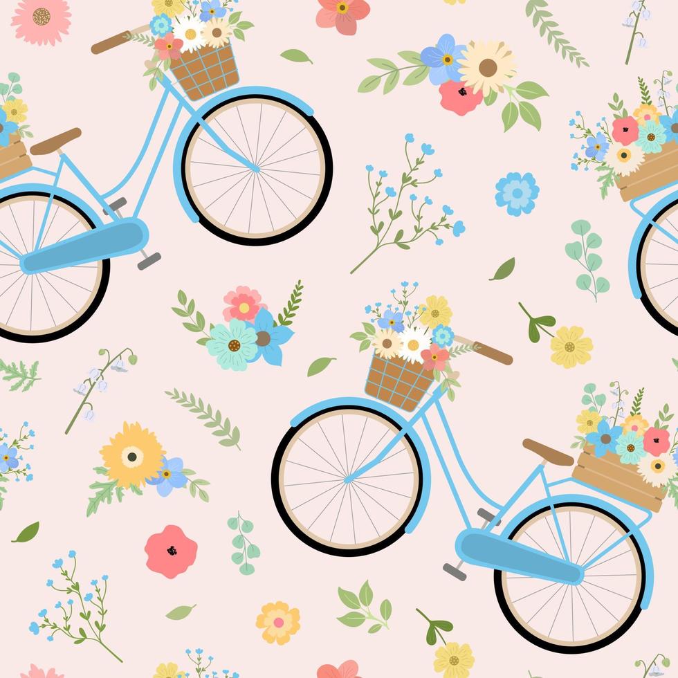 Retro style blue bicycles with flower bouquets seamless pattern. Spring romantic background design. vector