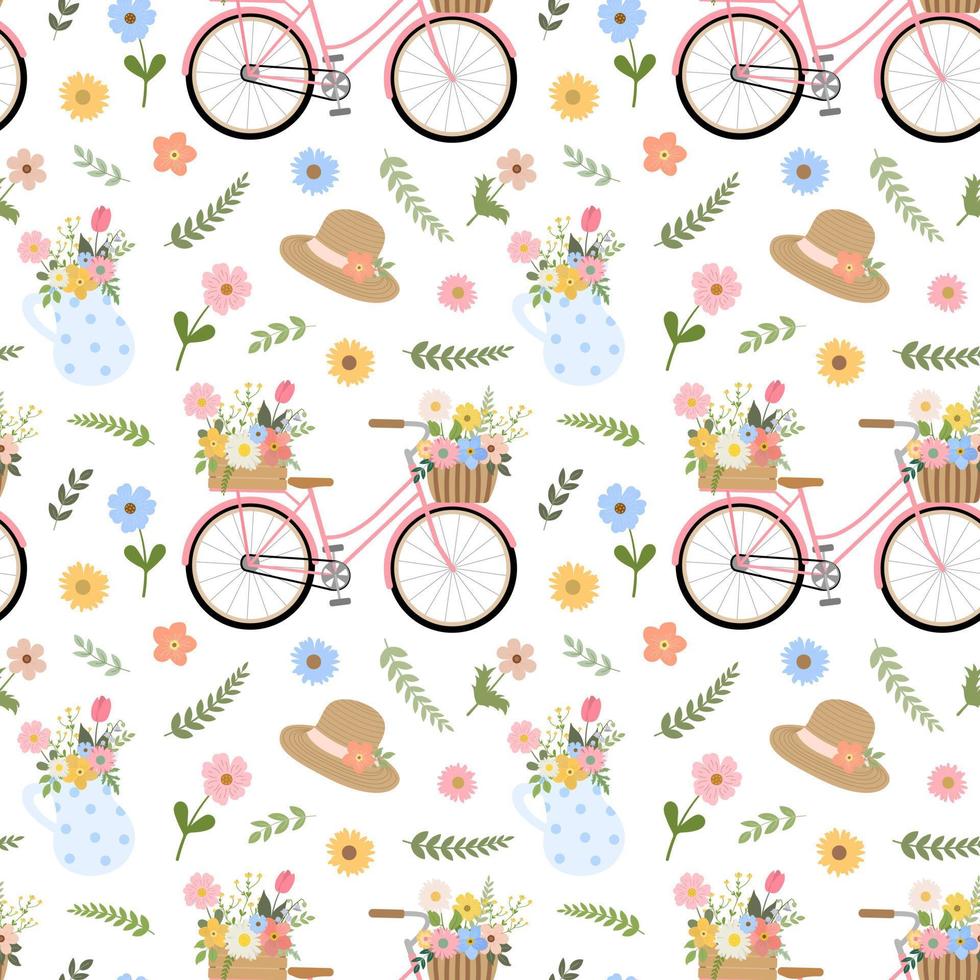 Vintage style pattern with floral bicycle, pitcher with flowers and branches, hat. Isolated on white background. Romantic botanical garden print for textile design, cards. vector