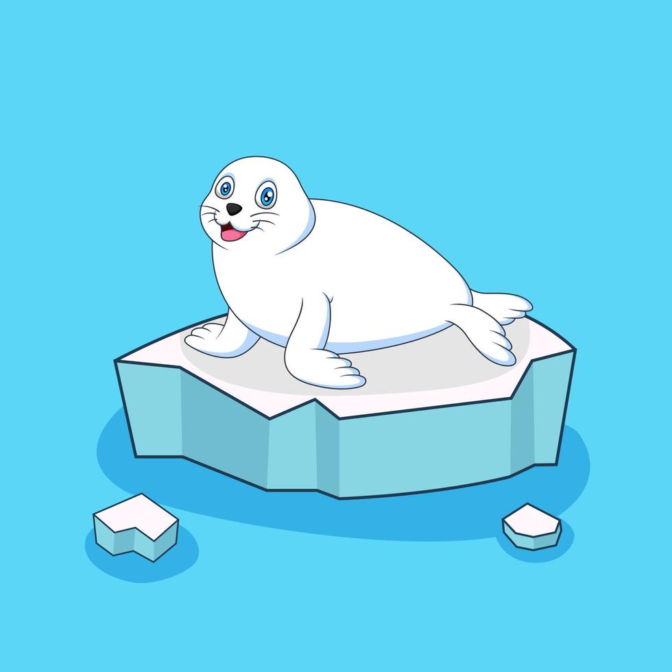 Cartoon cute harp seal sitting on a floating ice floe. Animal vector illustration