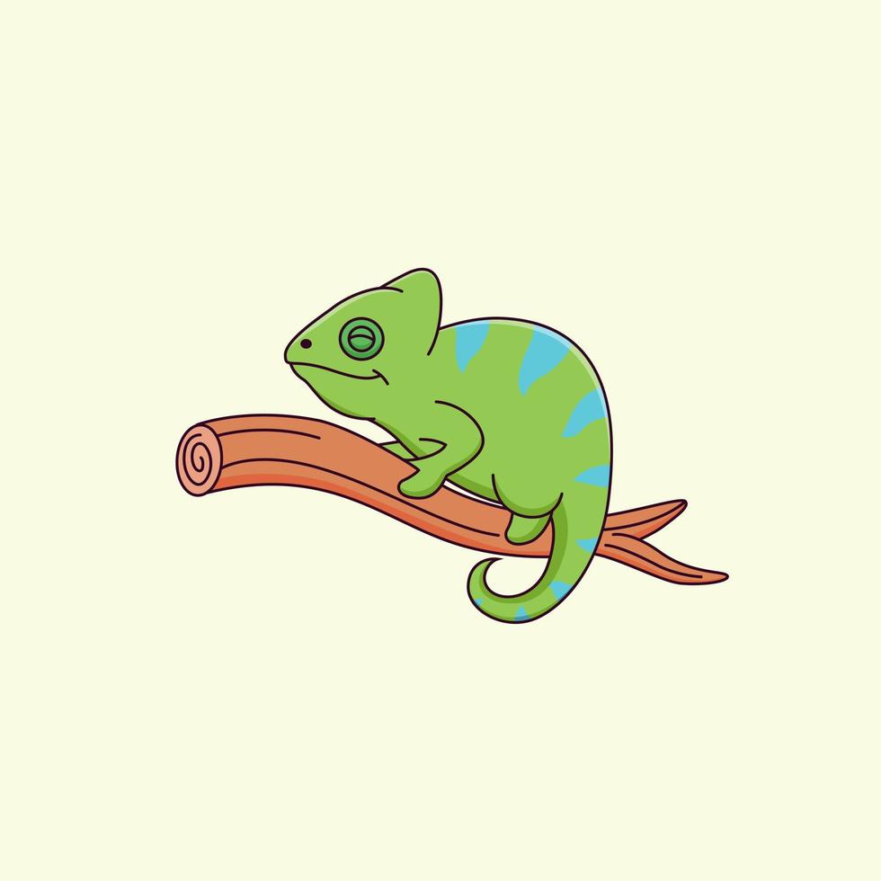 Cartoon cute chameleon sleeping on a branch. animal illustration vector