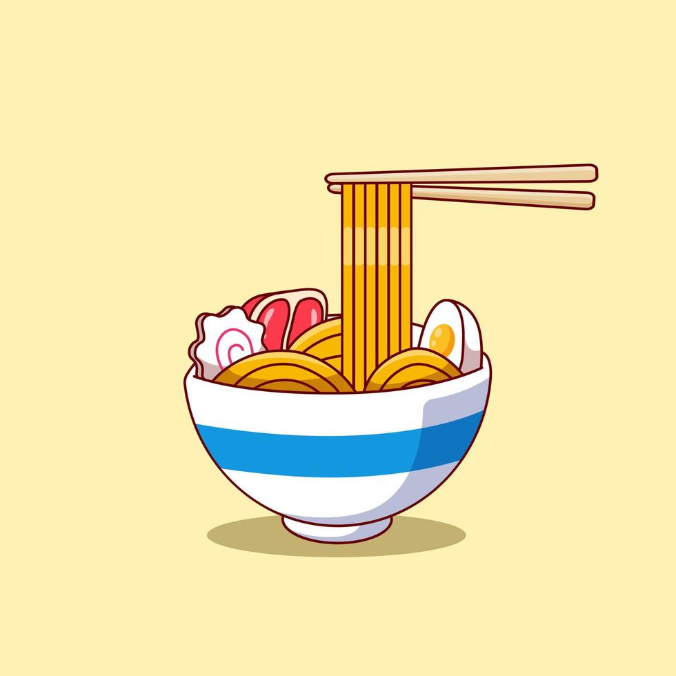 lindos fideos ramen de dibujos animados cubiertos con carne hervida y huevo. dibujos animados de comida asiática. ilustración vectorial vector