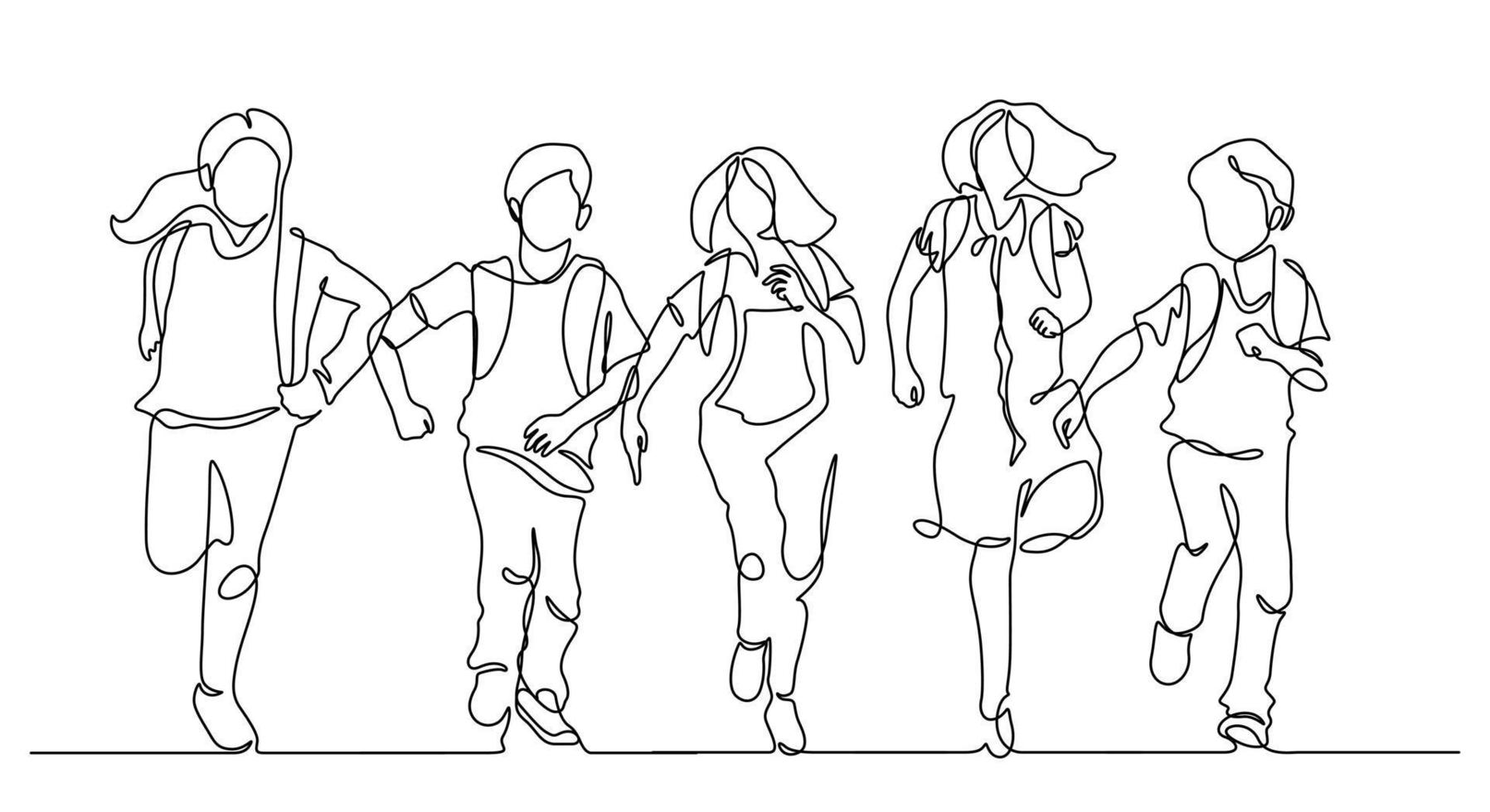 continuous line drawing of friends group enjoy school finish vector