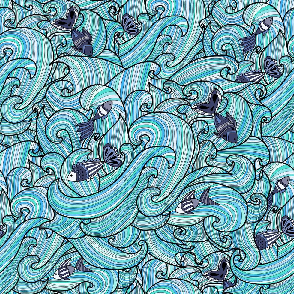 Seamless background with abstract waves and fish vector