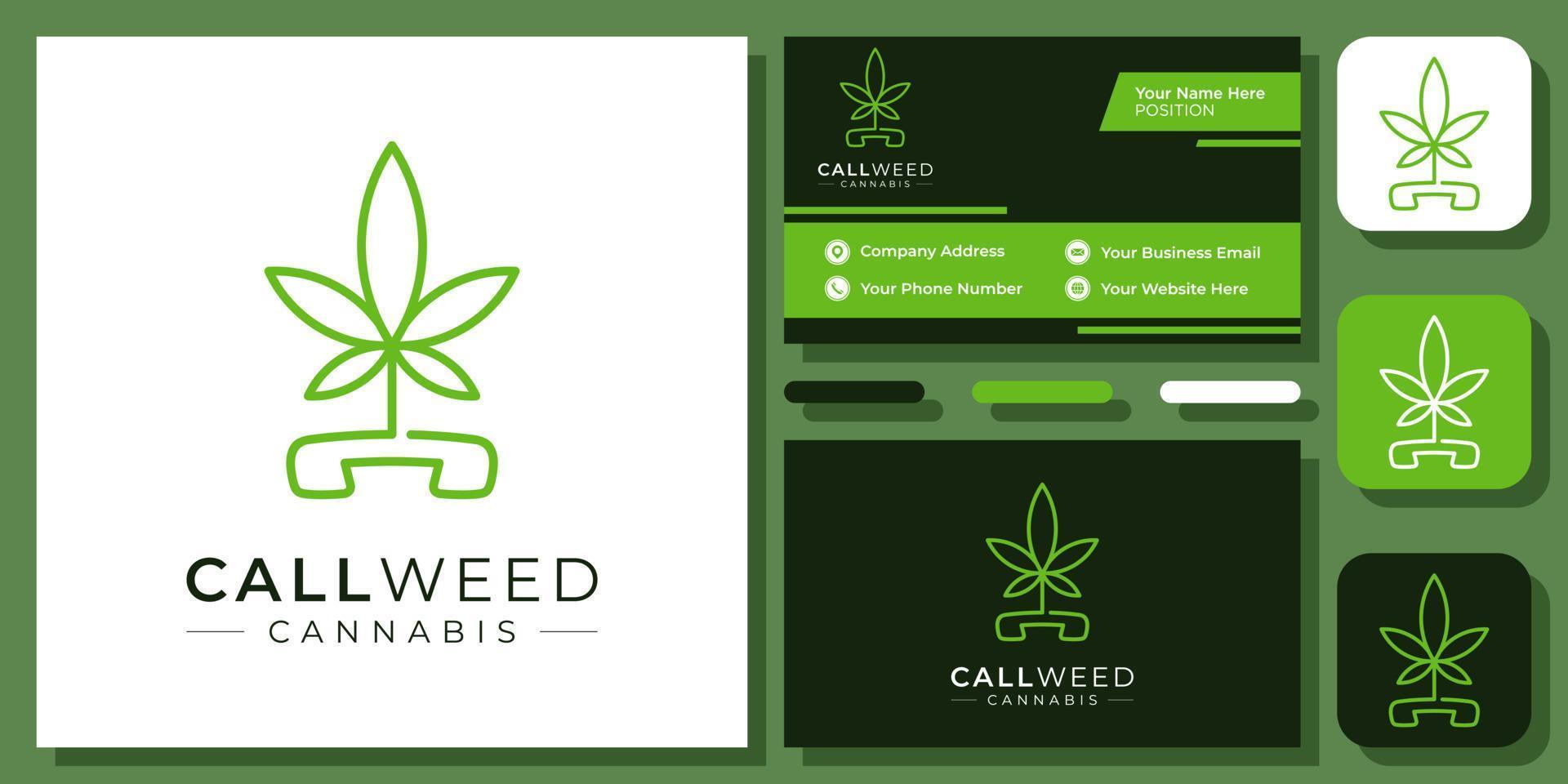 Call Cannabis Phone Botanical Weed Plant Drug Eco Leaf Nature Vector Logo Design with Business Card