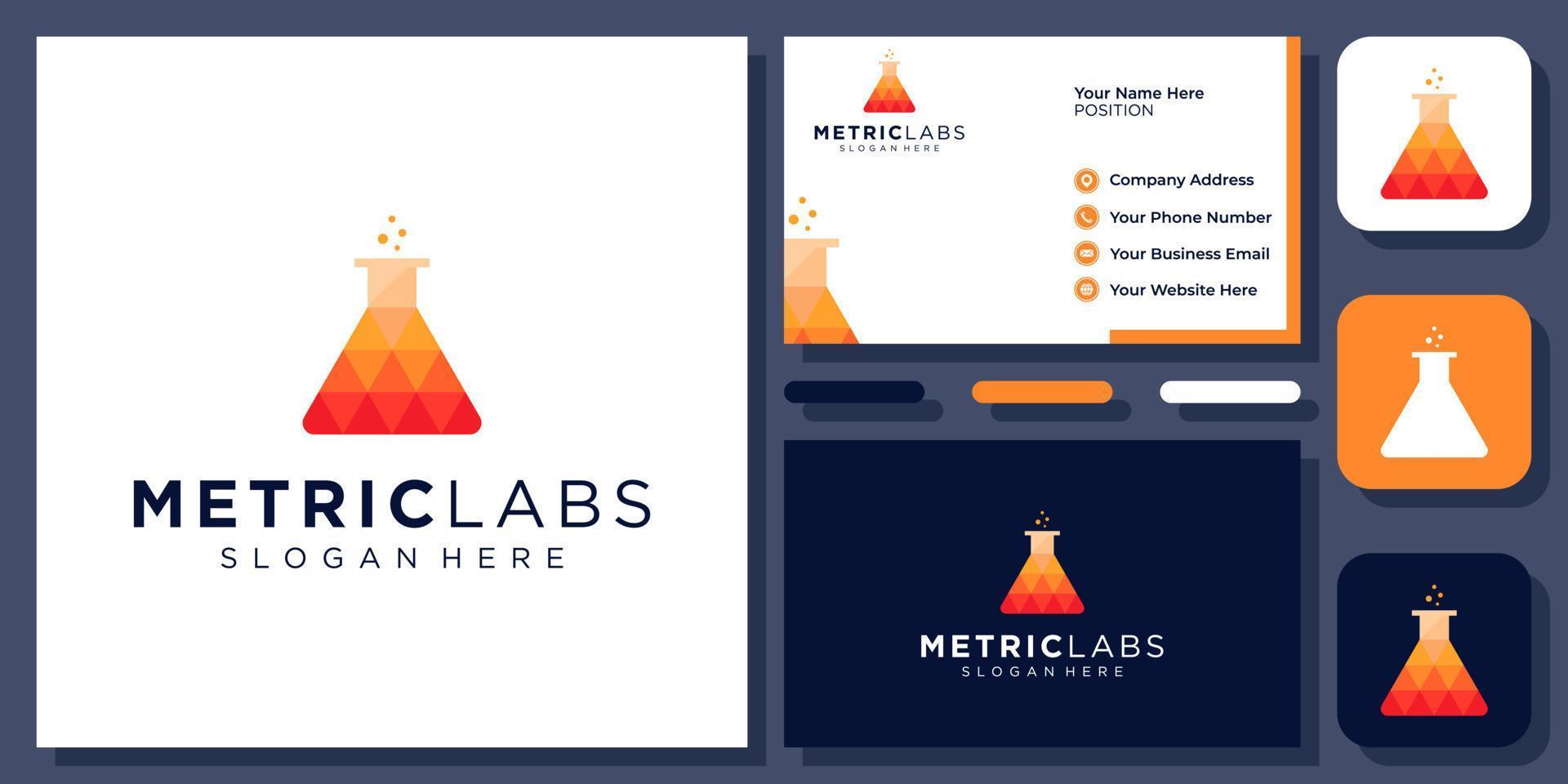 Beaker Glass Lab Science Chemistry Laboratory Geometric Flask Vector Logo Design with Business Card