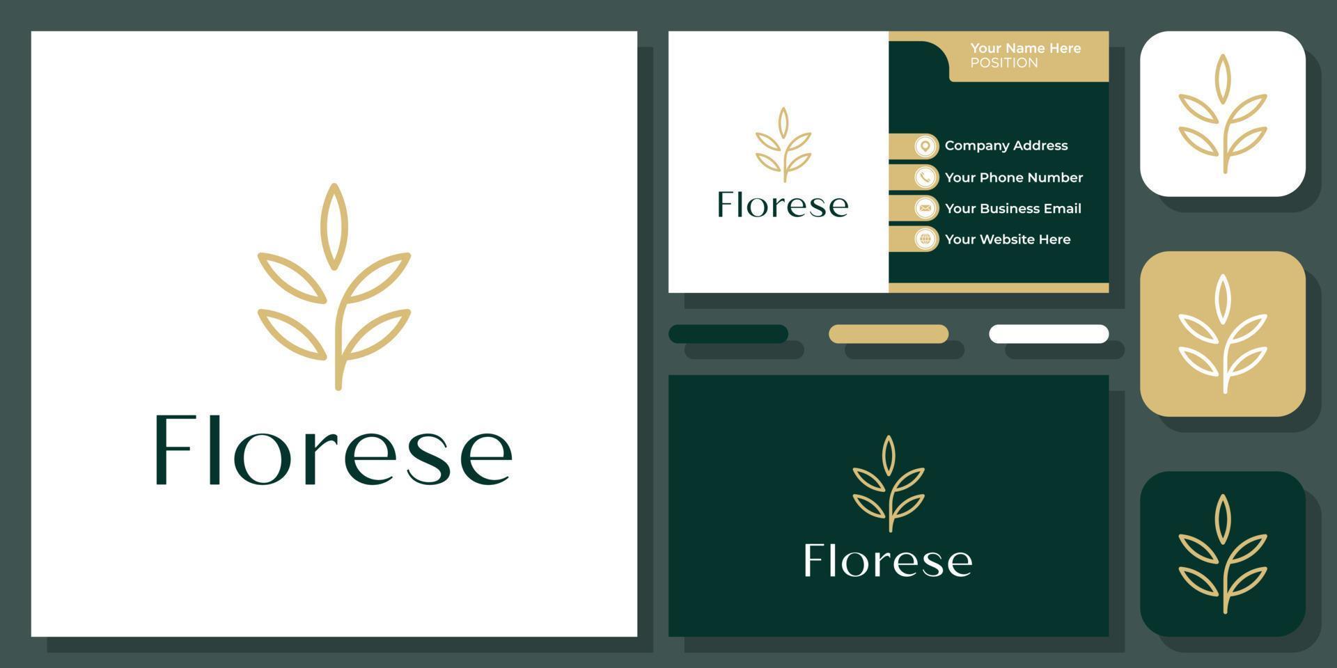 letra inicial f planta oro naturaleza hoja simple floral monograma vector logo diseño con tarjeta de visita