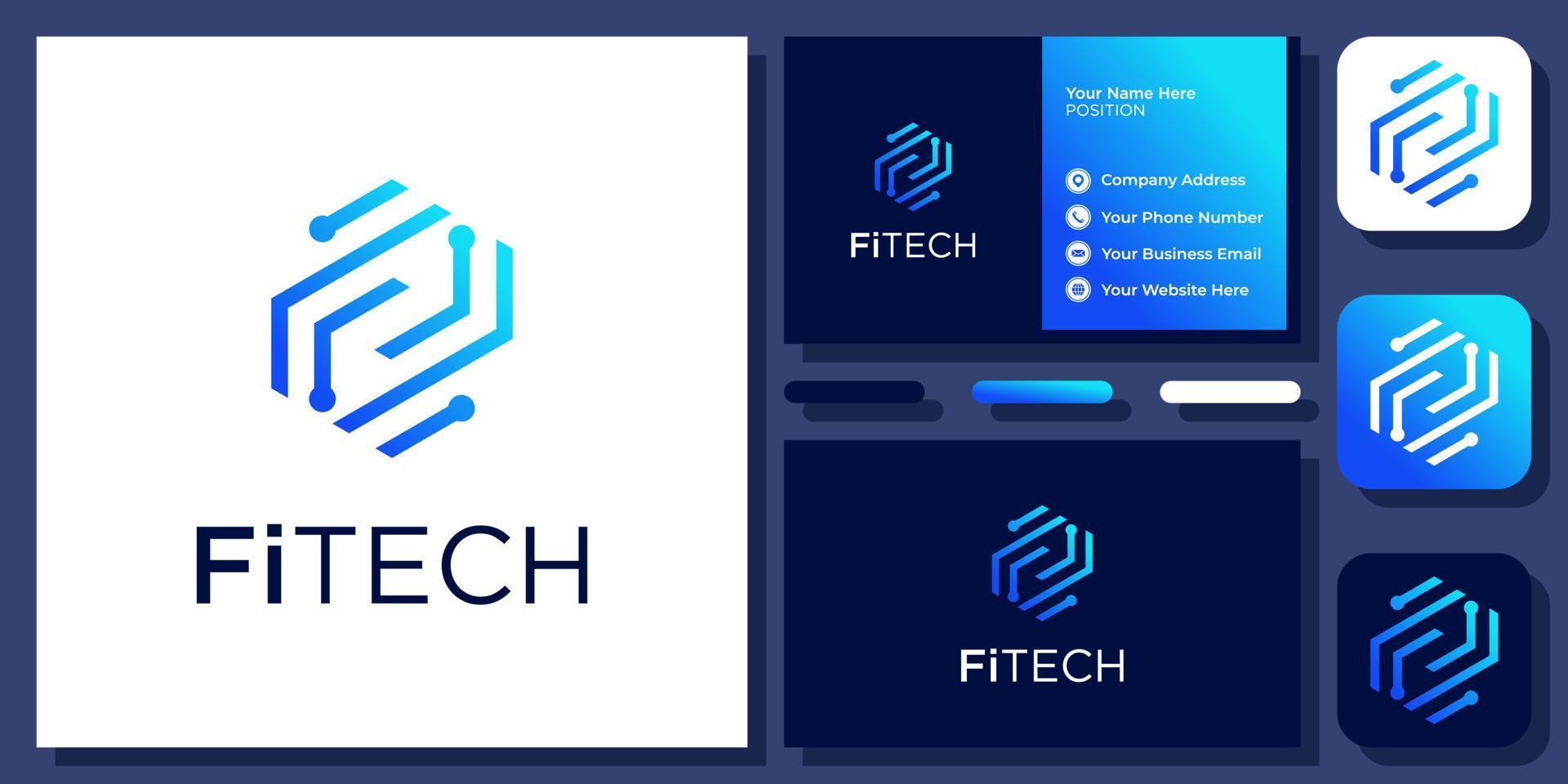 Initial Letter F Circuit Board Technology Digital Connection Vector Logo Design with Business Card