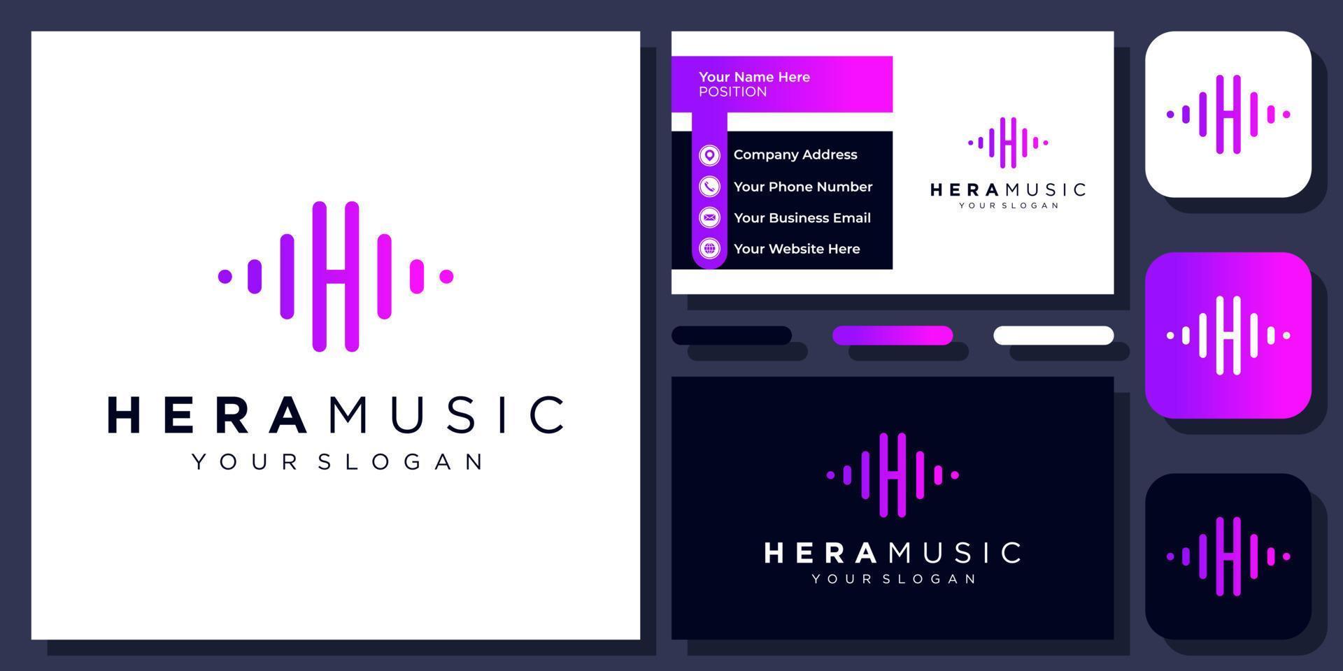 Initial Letter H Sound Music Audio Wave Pulse Line Simple Vector Logo Design with Business Card