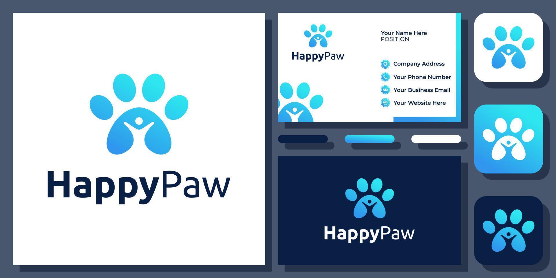 gente feliz pata huella animal cuidado de mascotas amor perro gato vector logo diseño con tarjeta de visita