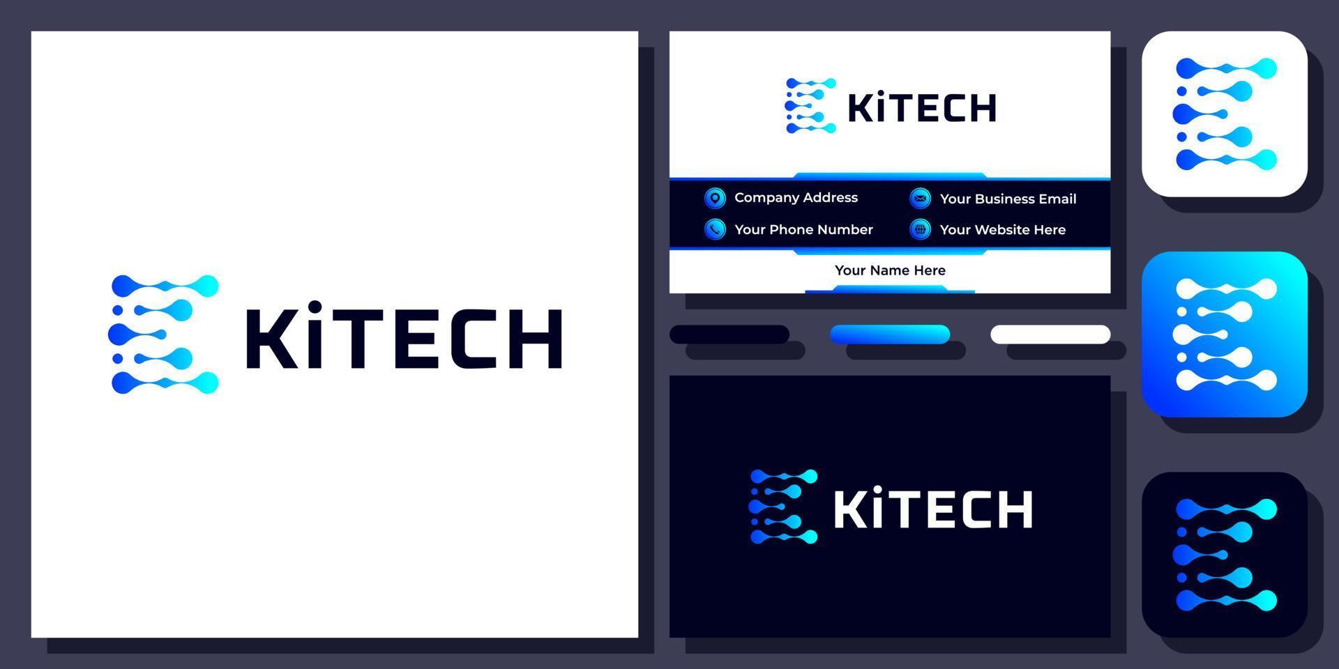 diseño de logotipo de vector de molécula de circuito de conexión digital de tecnología de letra inicial k con tarjeta de visita