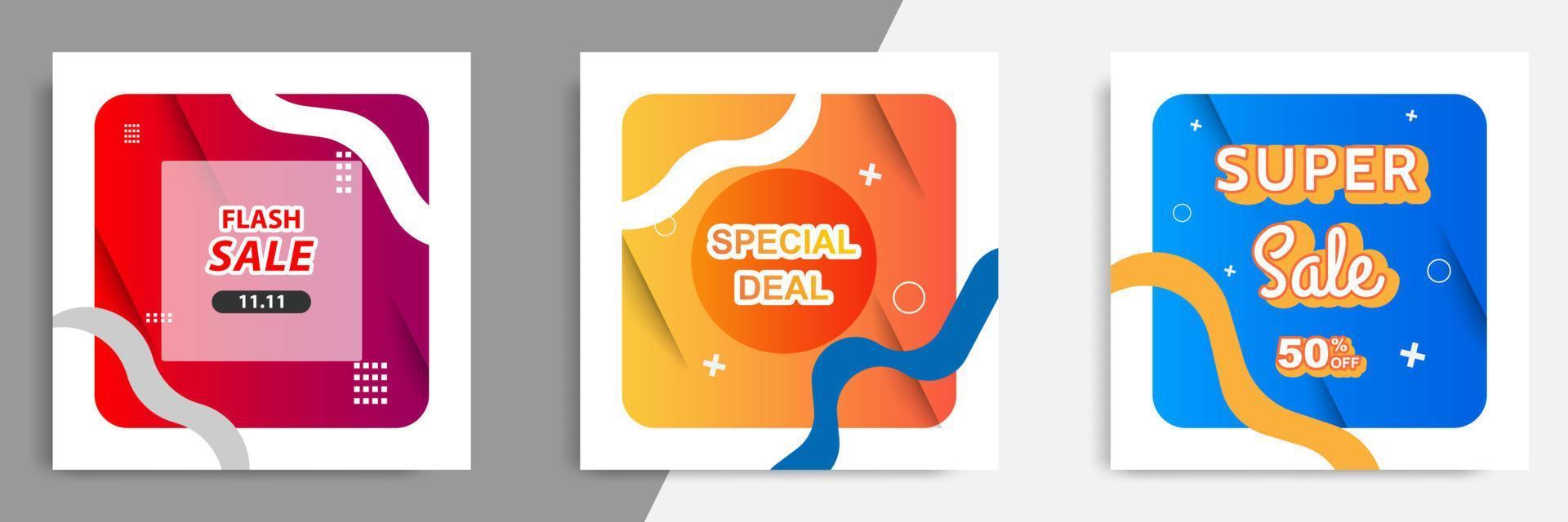 Three set of sale square banner. Abstract gradient modern geometric design style template. Suitable for advertising and promotion in social media post,blog, web. vector