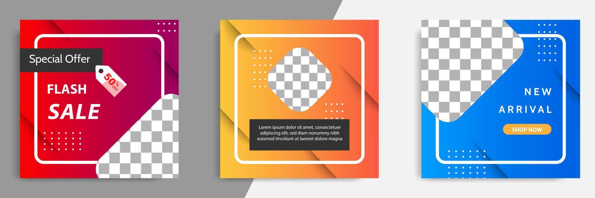 tres juegos de pancartas cuadradas de venta. plantilla de estilo de diseño geométrico moderno degradado abstracto. adecuado para publicidad y promoción en publicaciones en redes sociales, blog, web. vector