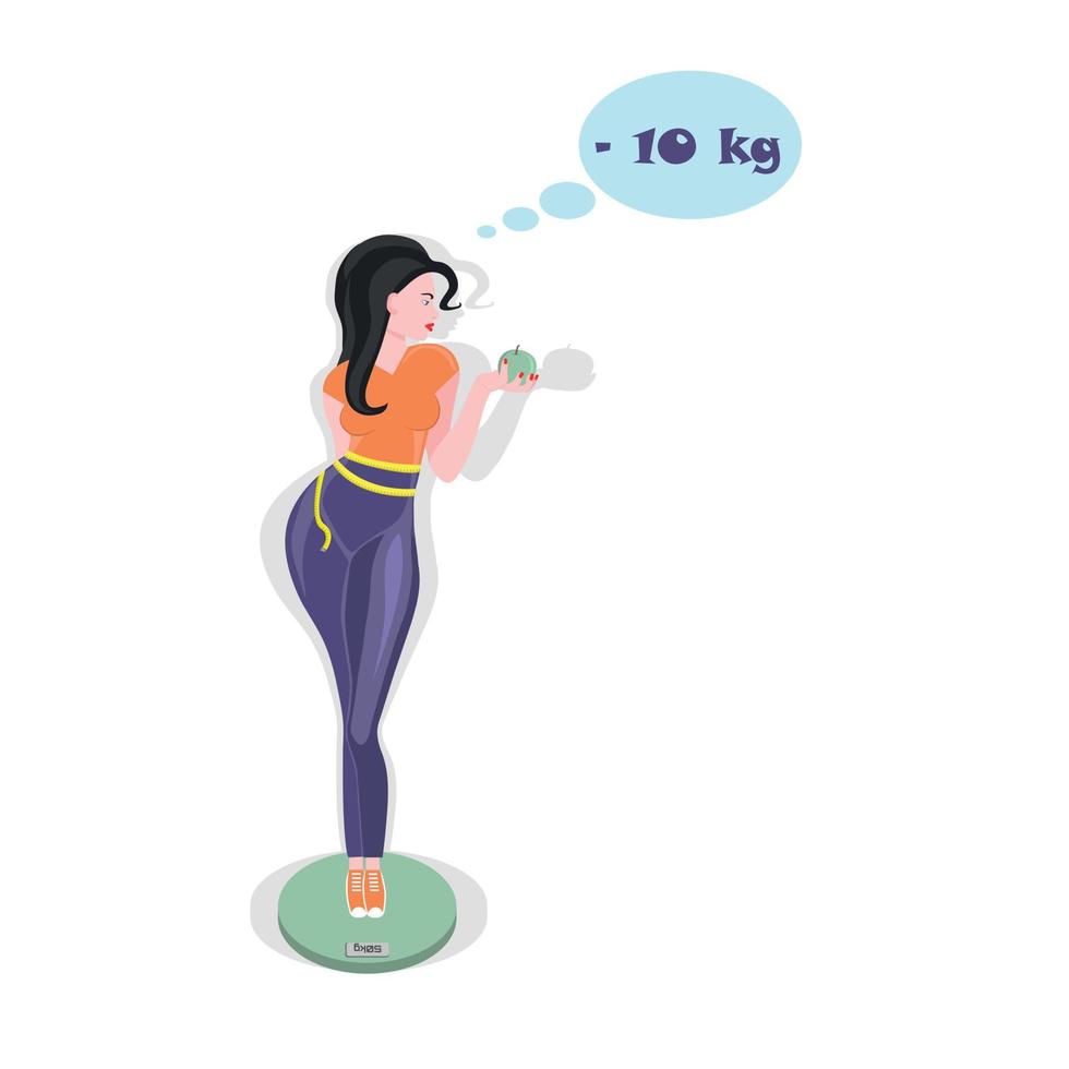 A beautiful girl with black hair and an apple in her hands. A girl who wants to know her weight and for this she got on the scale. Diet as a way of life. vector
