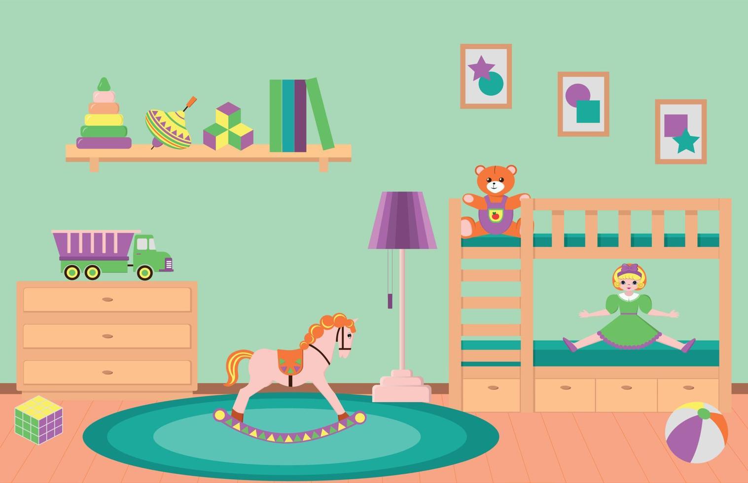 cuarto de niños con juguetes. dormitorio infantil verde. vector