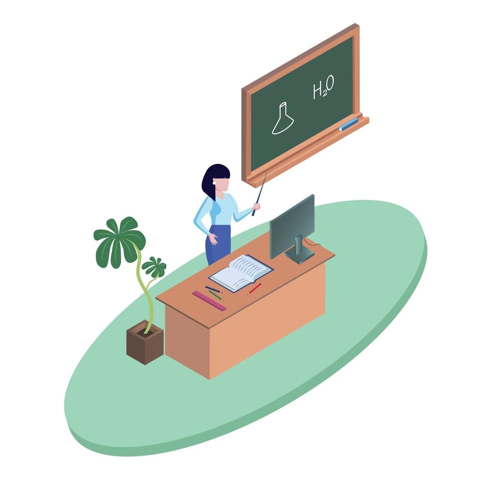 The teacher teaches his lesson in class. School chemistry class. Blackboard and teacher's desk vector