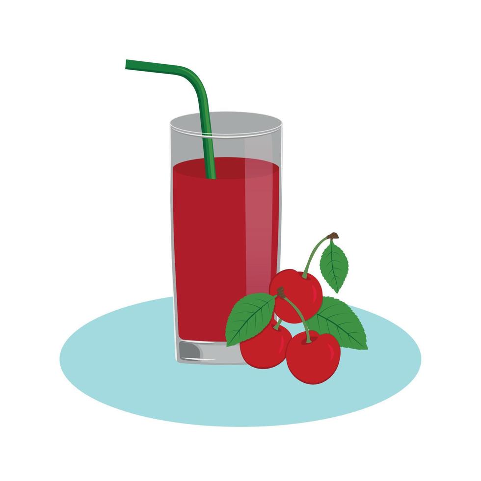 A cool glass of cherry juice with a green straw. The summer cherry berry. vector