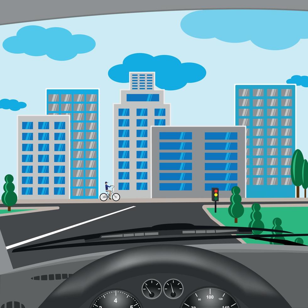 Behind the wheel of a car with a great view of the city, houses, cyclist, traffic lights and trees. An intersection in the center of the metropolis. Sity street scene. vector