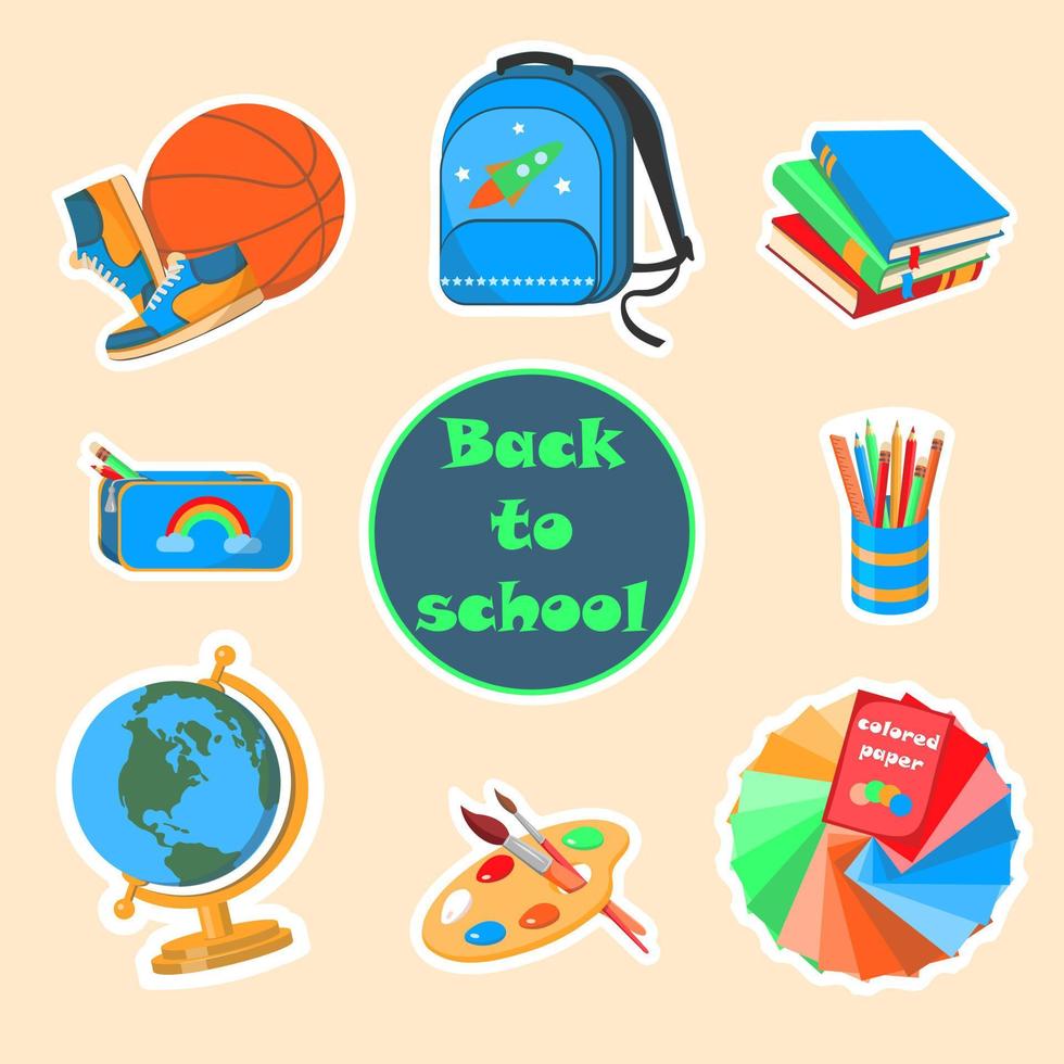 A localized collection of stickers with school supplies and stationery. Backpack, books, globe, ball, pencils and paints. Colorful vector illustration. No people.