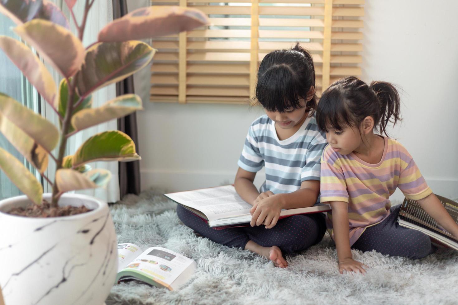 hermanos concentrados leyendo un libro foto