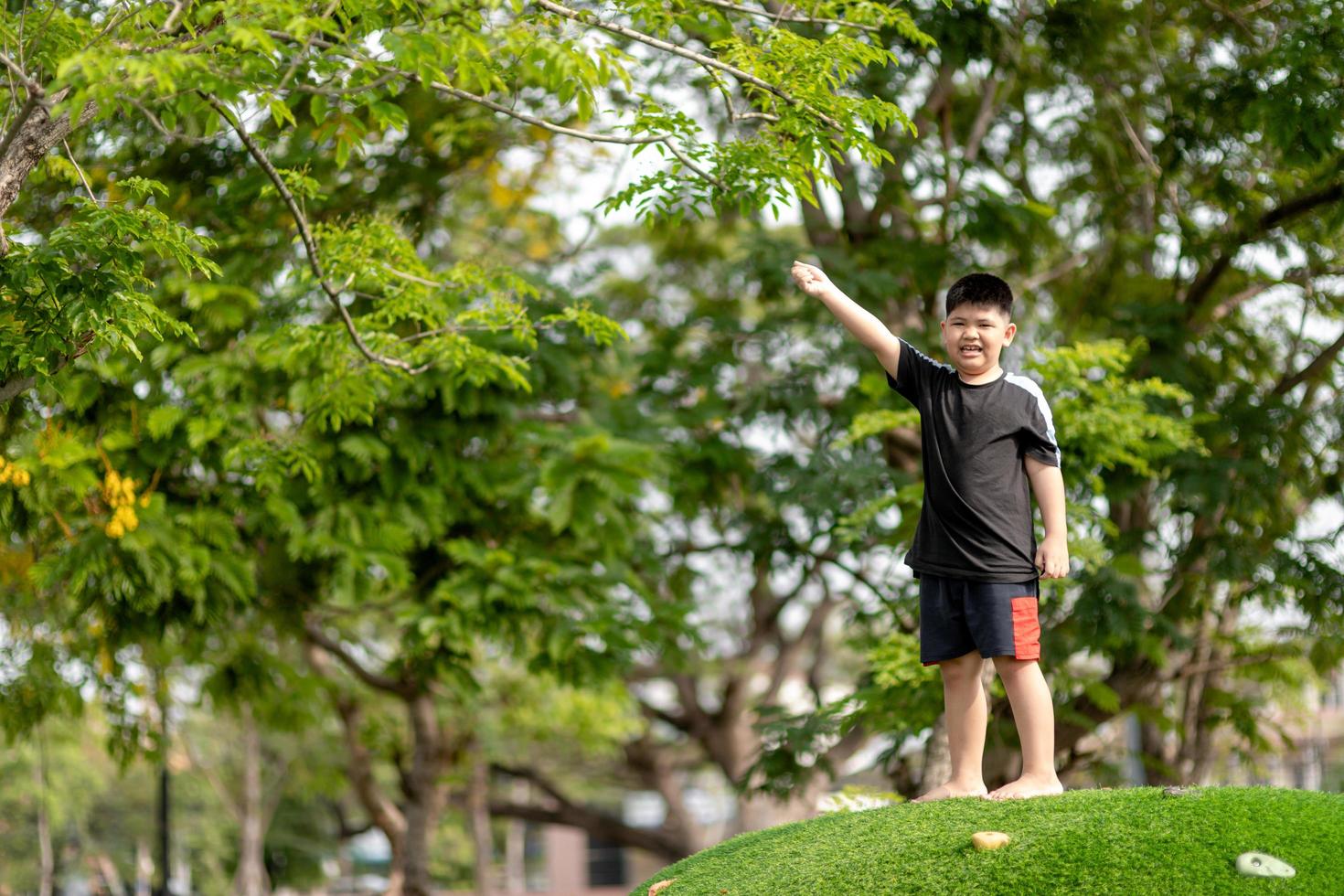 Child playing on outdoor playground. Kids play on school or kindergarten yard. Active kid on colorful slide and swing. Healthy summer activity for children. Little boy climbing outdoors. photo