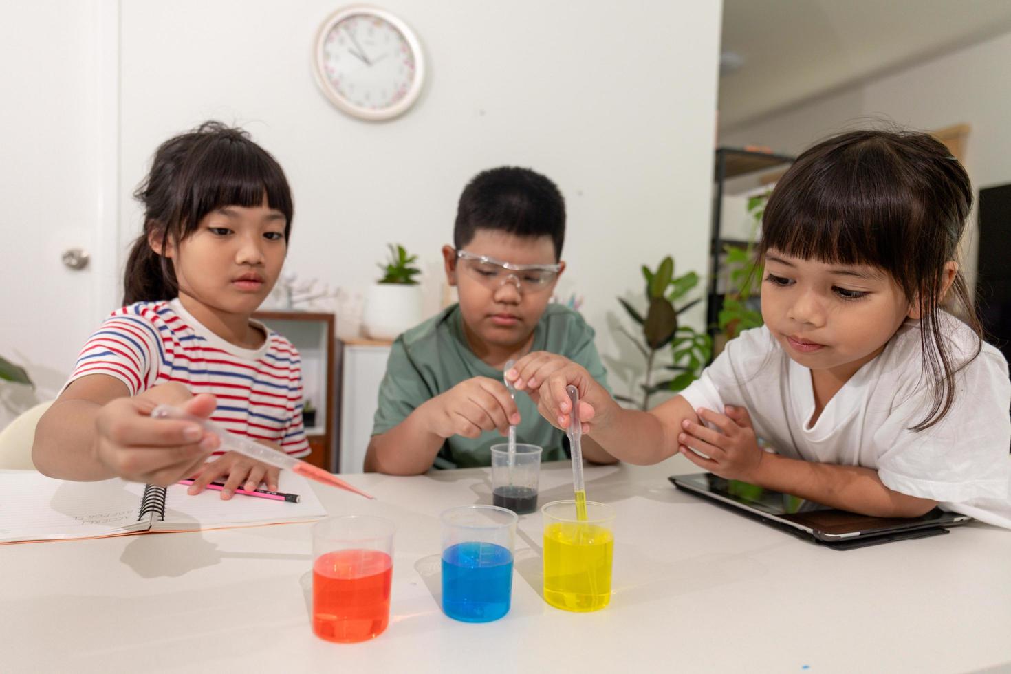 Asian kids do chemical experiments in their home photo