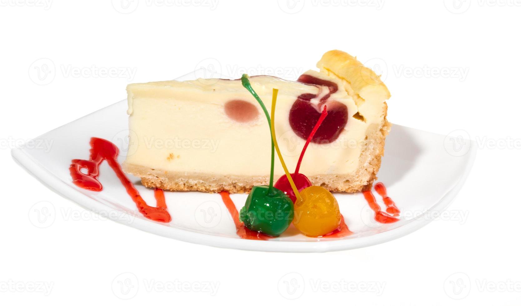 Closeup of a slice of cherry cheesecake on a white background photo