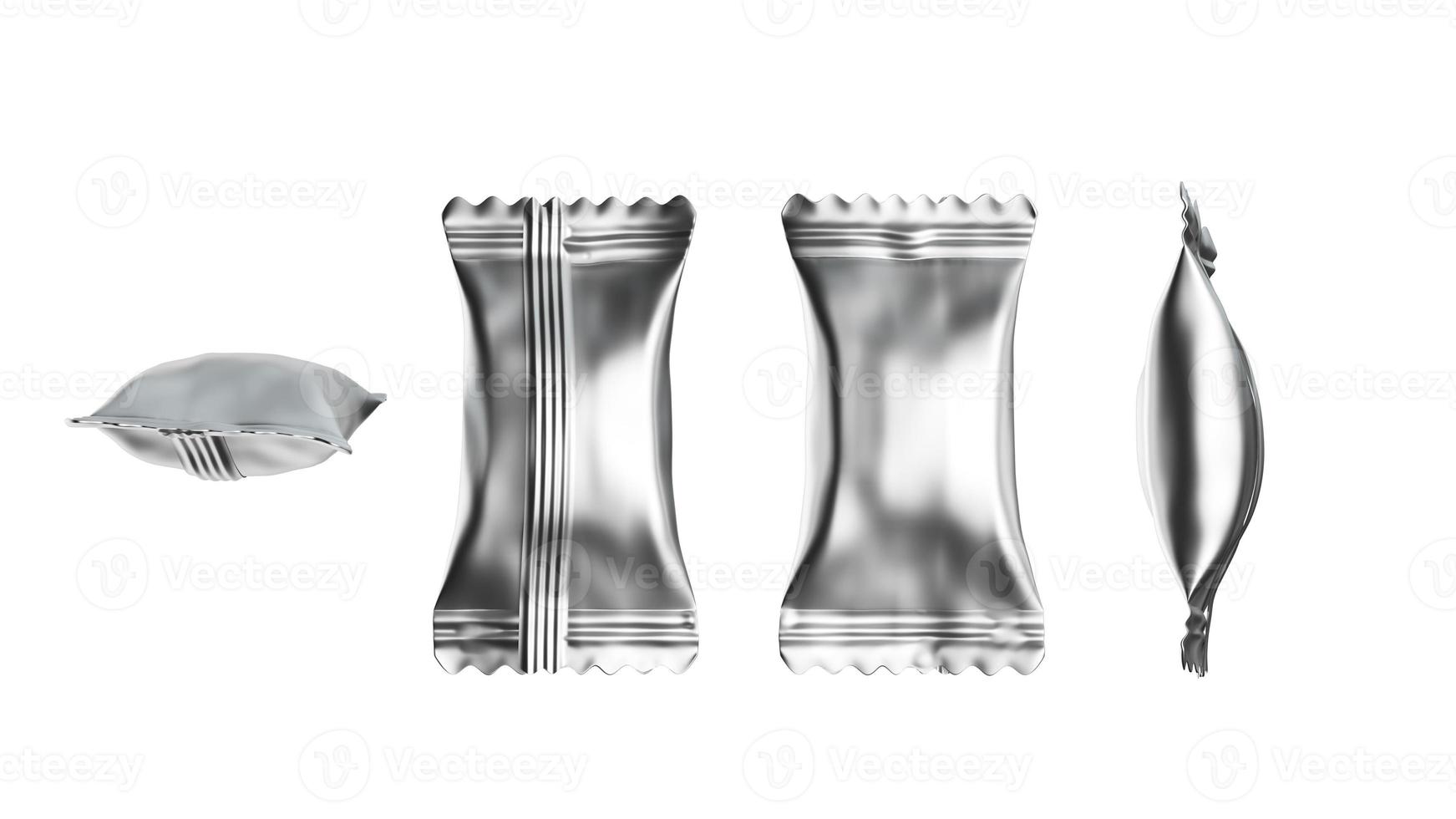 Blank silver metallic candy foil packs for packaging design. 3d illustration photo