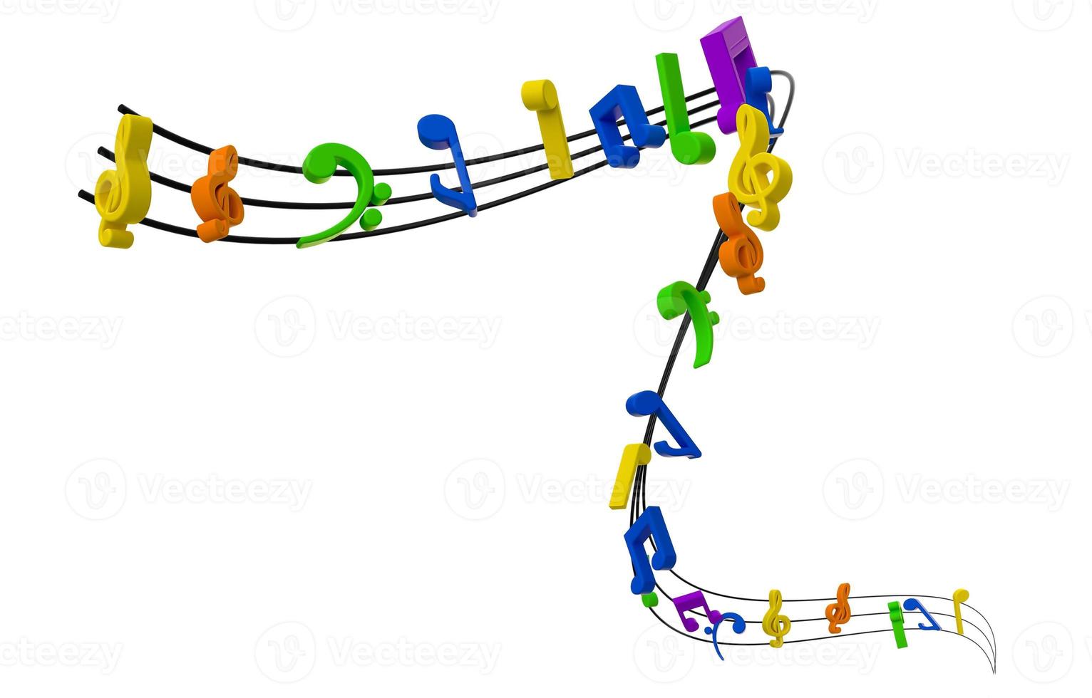 Abstract Colorful music notes on line wave background. Black G-clef and music notes isolated 3d illustration photo