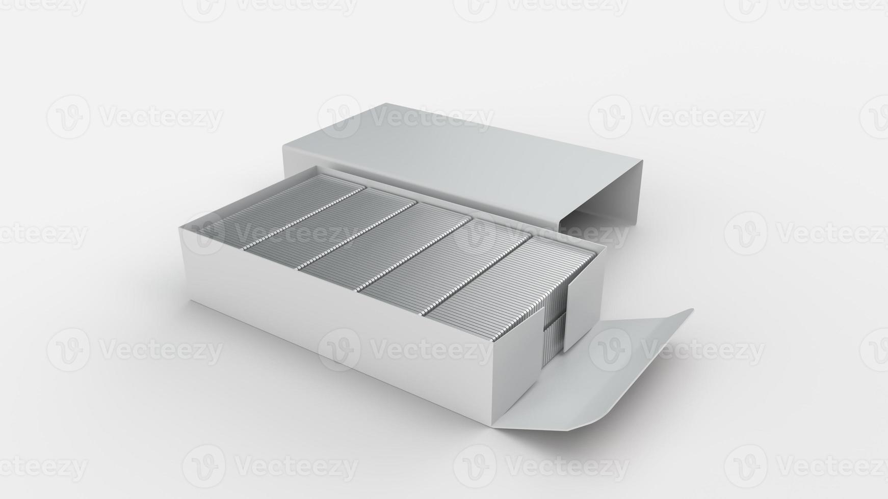 alfileres de grapas y caja de grapas vacía ilustración 3d de fondo blanco aislado foto