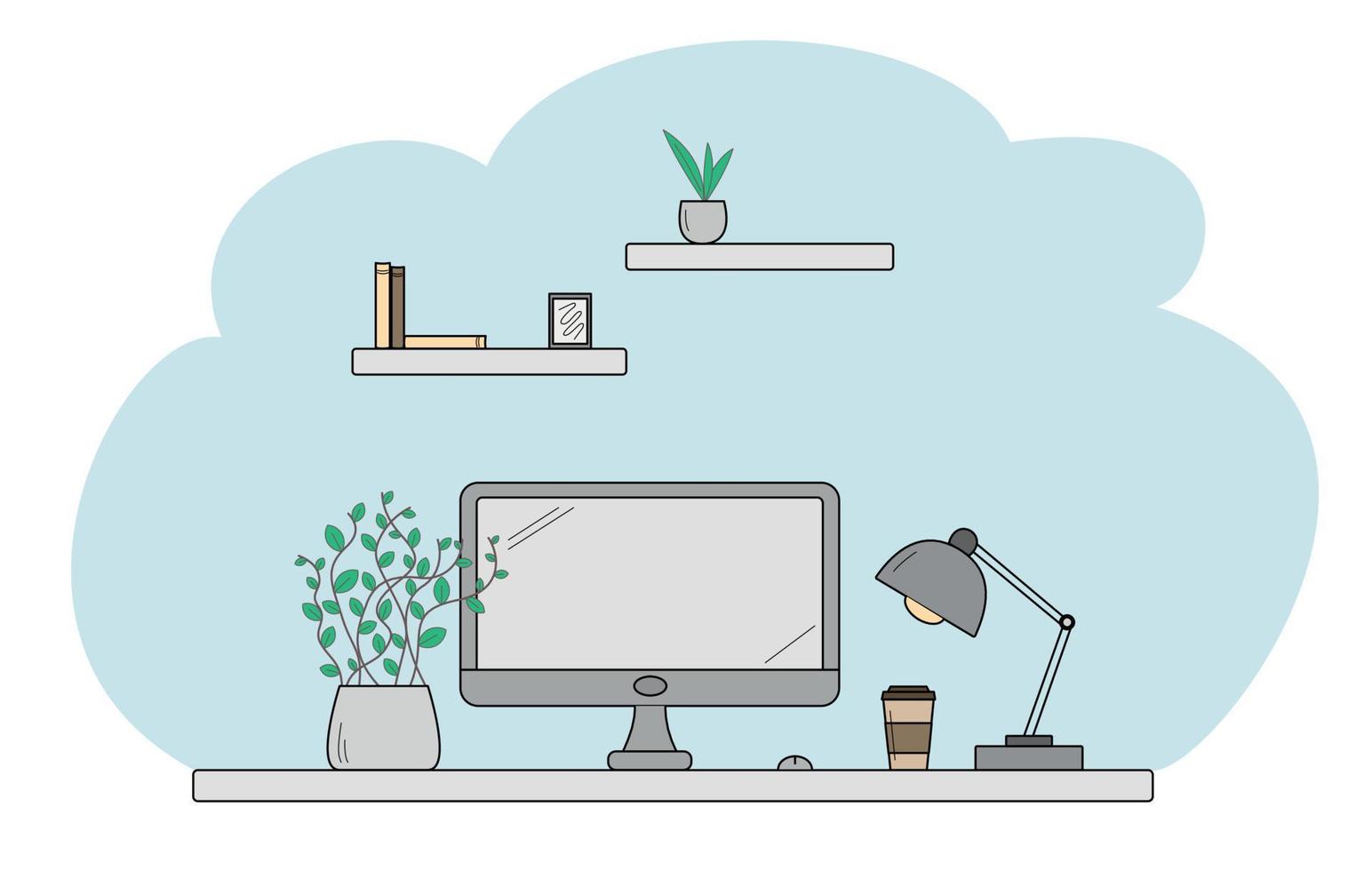 Vector illustration, workspace, home office, work and study at home, online education, webinars, seminars, blogging.