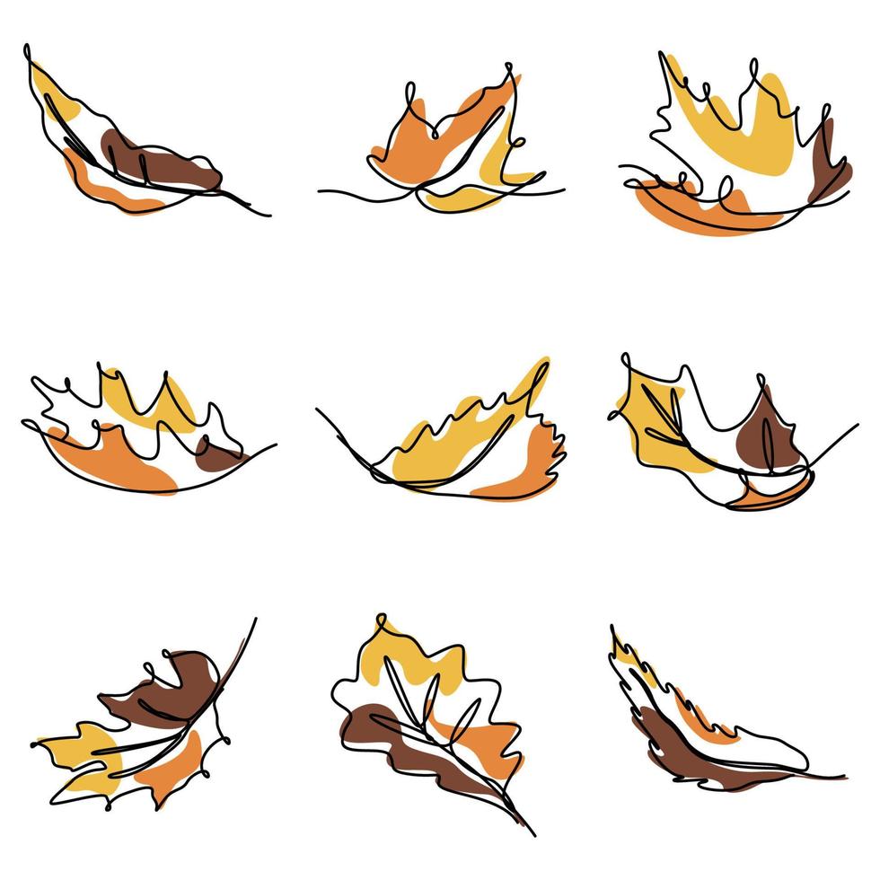 set of continuous one line illustration of autumn tree leaf vector