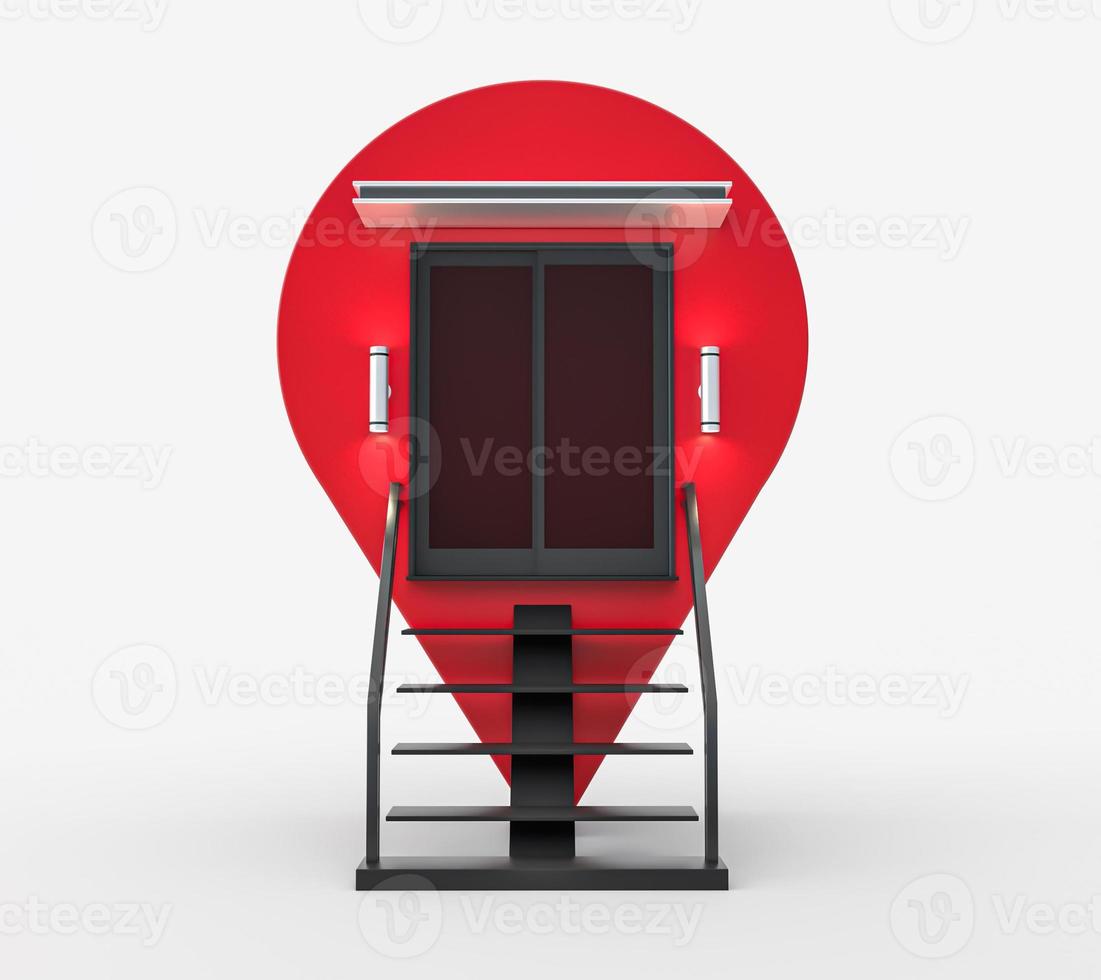 localizador rojo del pin del navegador. escaleras luz espacio vacío puntero de mapa gps creativo. signo de geolocalización aislado sobre fondo blanco. tienda, mercado, tienda outlet ilustración 3d foto