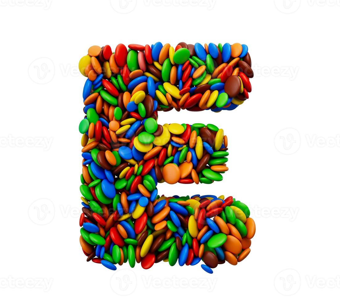 Letter E of multicolored rainbow candies Festive isolated on white background 3d illustration photo