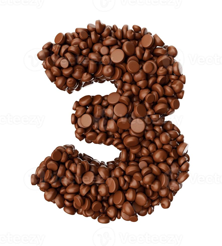 Digit 3 made of chocolate Chips Chocolate Pieces Alphabet Letter 3 3d illustration photo