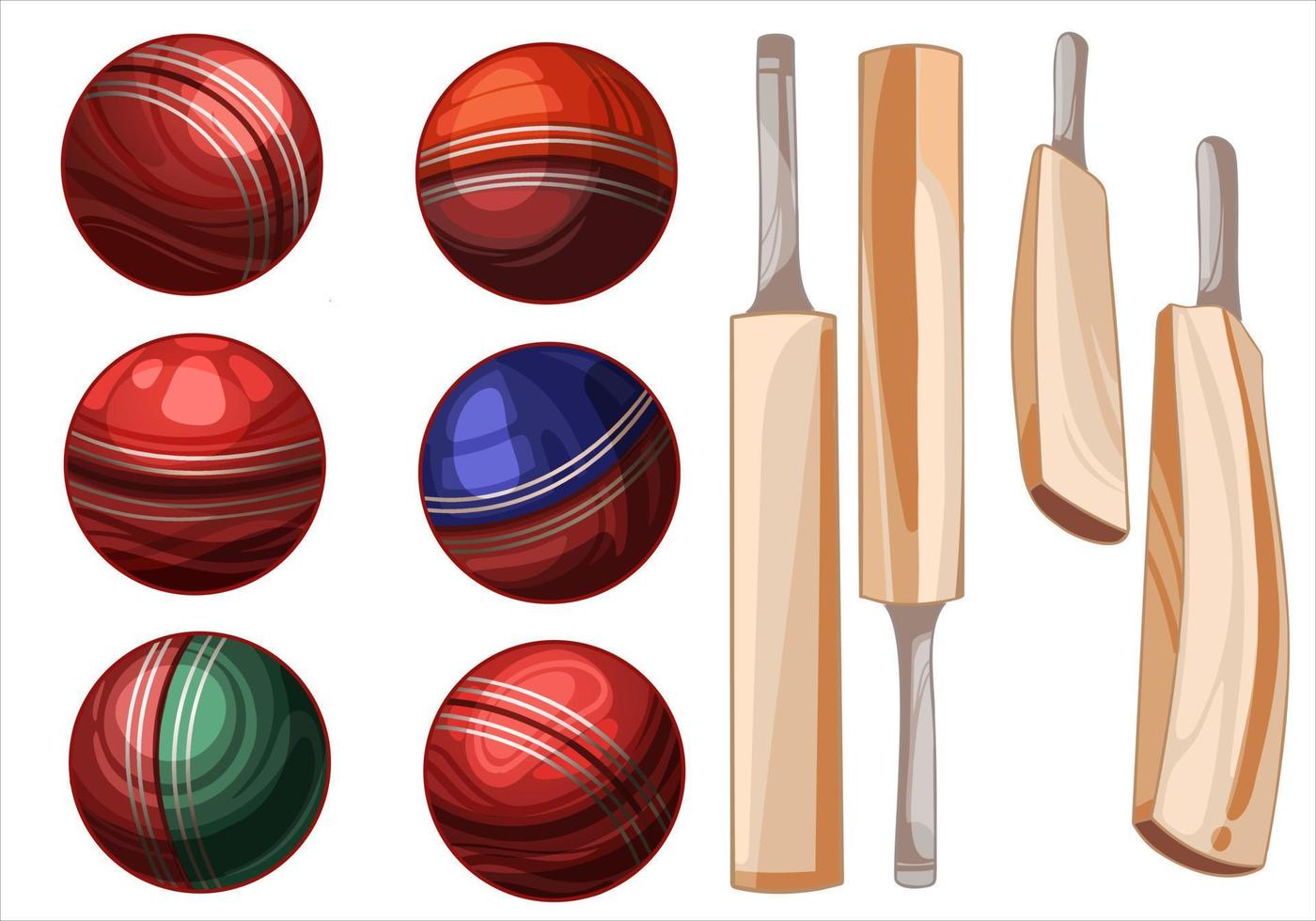 conjunto de artículos deportivos dibujados a mano pelotas de cricket de diferentes colores y murciélagos vector