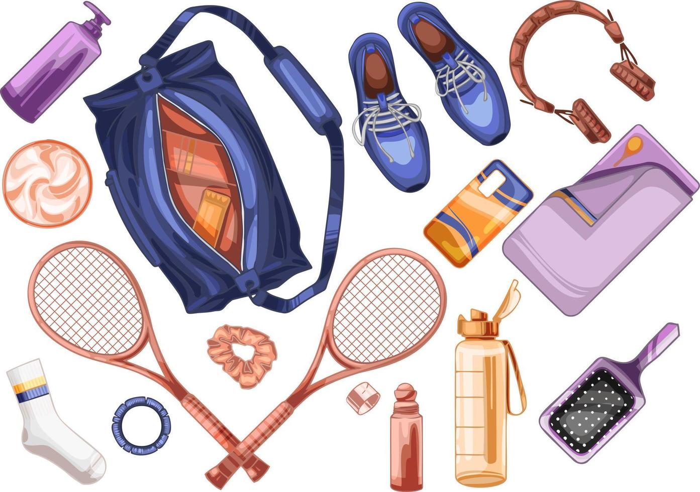 artículos deportivos. bolsa de deporte, cohetes de tenis, zapatos, botella, toalla, artilugios y cosméticos vector