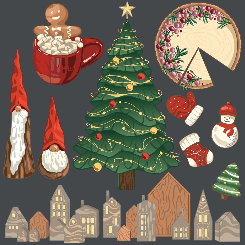 conjunto navideño de artículos acogedores árbol de navidad galletas pastel y bebida caliente vector premium