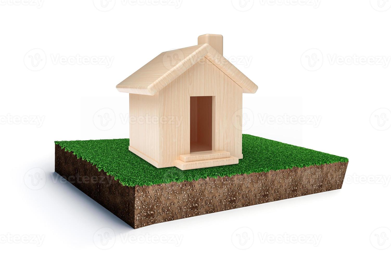 Wooden Mini House on Grass patch soil earth cut piece 3d illustration photo